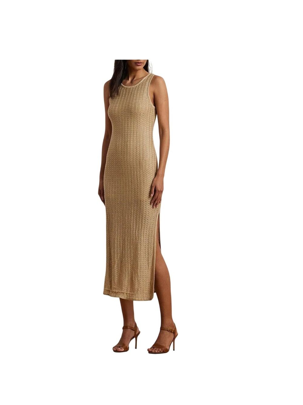Lauren Ralph Lauren Linen Blend Pointelle Knit Sleeveless Midi Dress Beige Sz L
